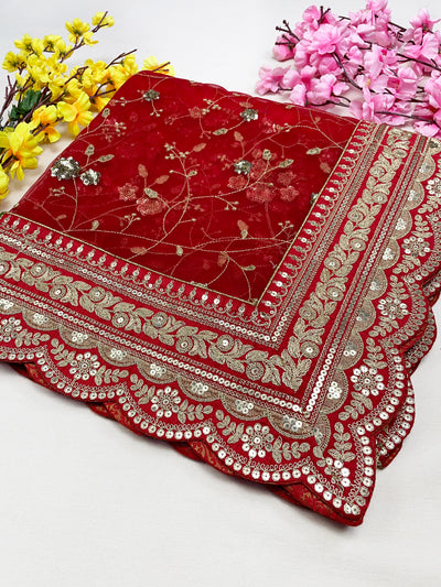 Bridal Anaya Red Embroidered Net Scallop Dupatta