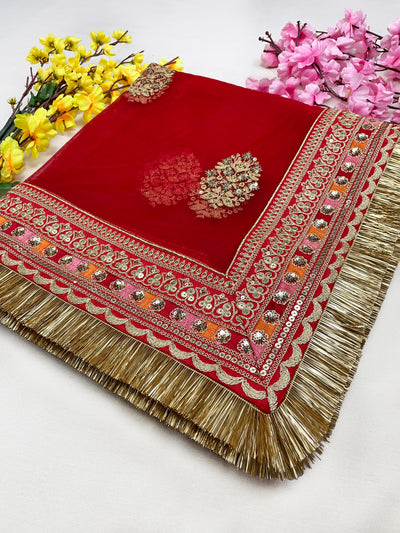 Bridal Parineeta Red Embroidered Net Fringed Dupatta