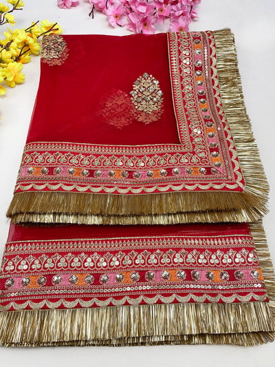 Bridal Parineeta Red Embroidered Net Fringed Dupatta