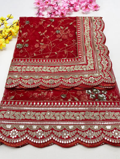 Bridal Anaya Red Embroidered Net Scallop Dupatta