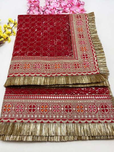 Bridal Mehek Red Embroidered Fringed Net Dupatta