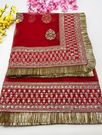 Bridal Khwab Red Embroidered Fringed Net Dupatta