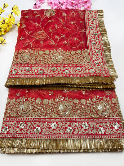 Bridal Kanak Red Embroidered Fringed Organza Dupatta