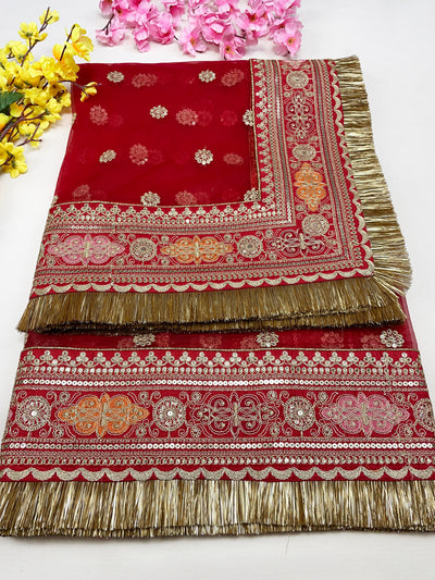 Bridal Mahira Red Embroidered Fringed Net Dupatta