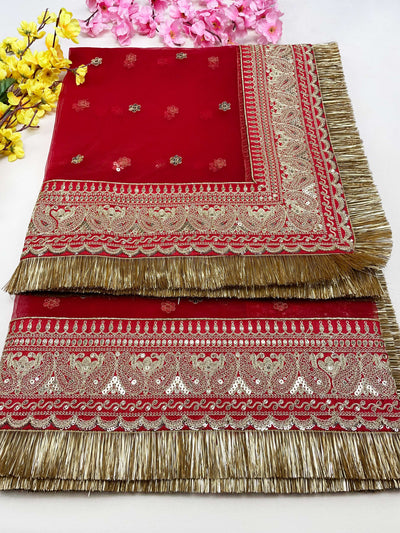 Bridal Preet Red Embroidered Fringed Net Dupatta