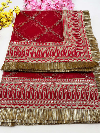 Bridal Gulzar Red Embroidered Fringed Net Dupatta