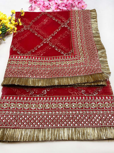 Bridal Aamira Red Embroidered Fringed Net Dupatta