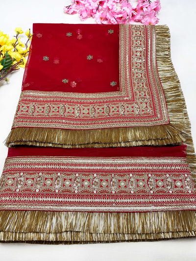 Bridal Samaira Red Embroidered Fringed Net Dupatta