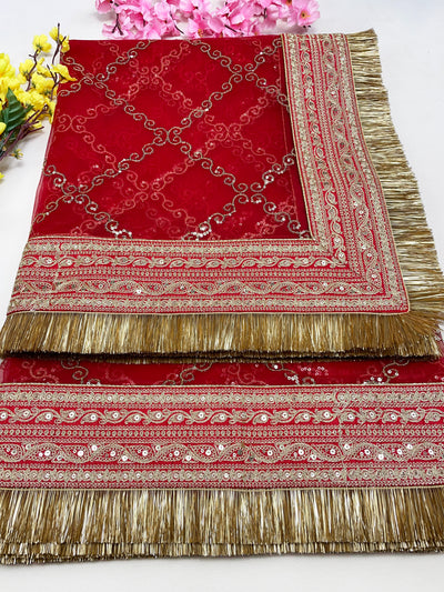 Bridal Anmol Red Embroidered Fringed Net Dupatta