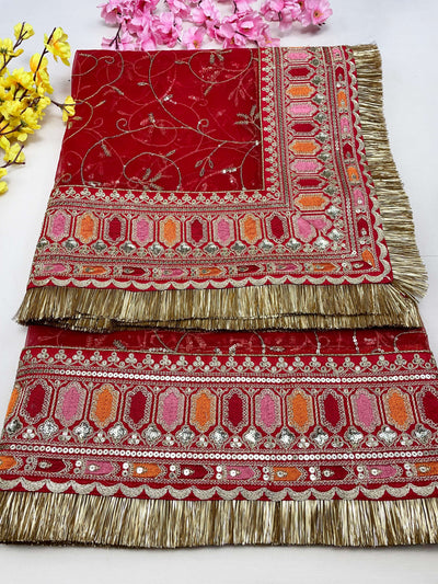 Bridal Gulmohar Red Embroidered Fringed Net Dupatta
