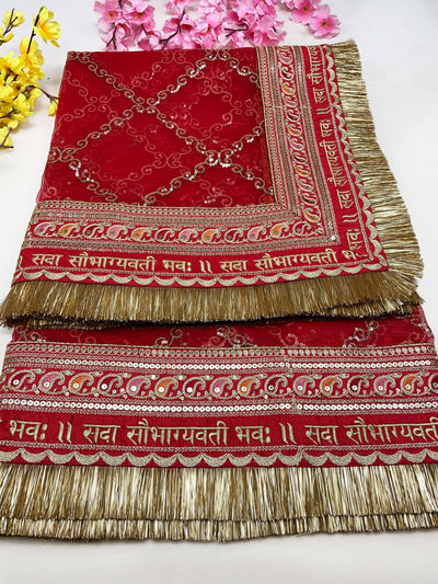 Bridal Shagun Red Embroidered Fringed Net Dupatta