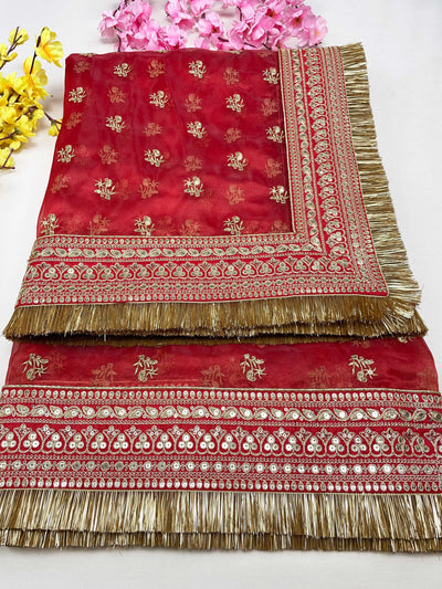 Bridal Mehar Red Embroidered Fringed Organza Dupatta
