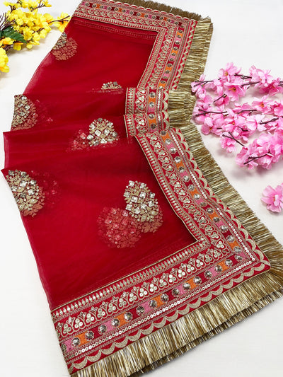 Bridal Parineeta Red Embroidered Net Fringed Dupatta