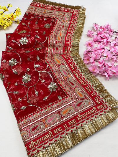 Bridal Rasam Red Embroidered Net Fringed Dupatta