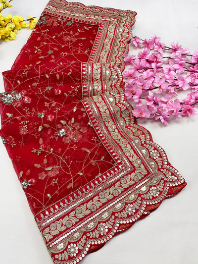 Bridal Anaya Red Embroidered Net Scallop Dupatta