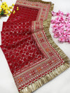 Bridal Mehek Red Embroidered Fringed Net Dupatta