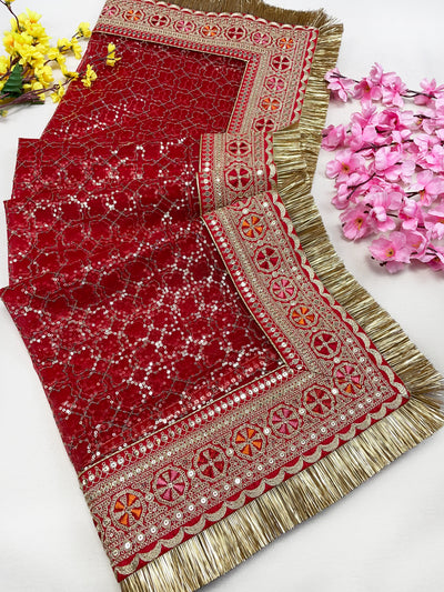 Bridal Mehek Red Embroidered Fringed Net Dupatta