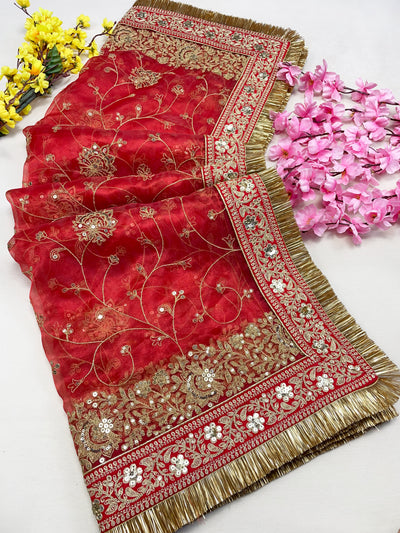 Bridal Kanak Red Embroidered Fringed Organza Dupatta