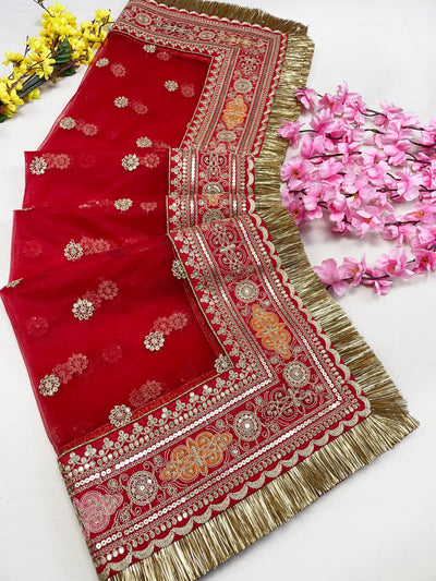 Bridal Mahira Red Embroidered Fringed Net Dupatta