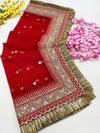 Bridal Preet Red Embroidered Fringed Net Dupatta