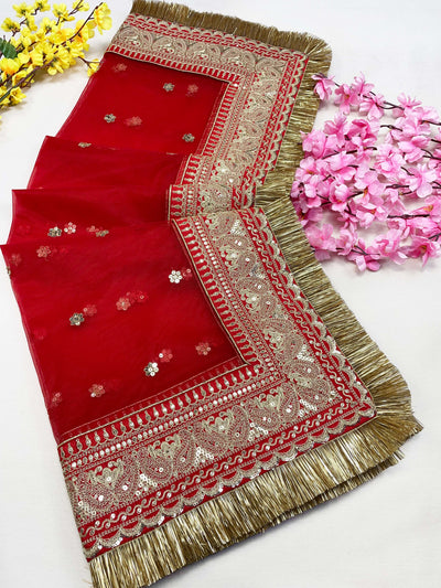 Bridal Preet Red Embroidered Fringed Net Dupatta