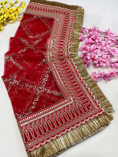 Bridal Gulzar Red Embroidered Fringed Net Dupatta