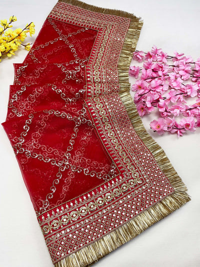 Bridal Aamira Red Embroidered Fringed Net Dupatta