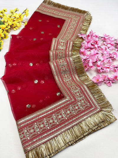 Bridal Samaira Red Embroidered Fringed Net Dupatta