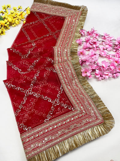 Bridal Anmol Red Embroidered Fringed Net Dupatta