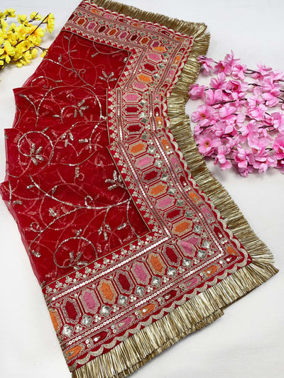 Bridal Gulmohar Red Embroidered Fringed Net Dupatta