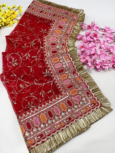 Bridal Suhani Red Embroidered Net Dupatta