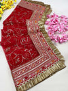 Bridal Surkhi Red Embroidered Fringed Net Dupatta
