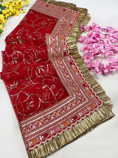 Bridal Surkhi Red Embroidered Fringed Net Dupatta