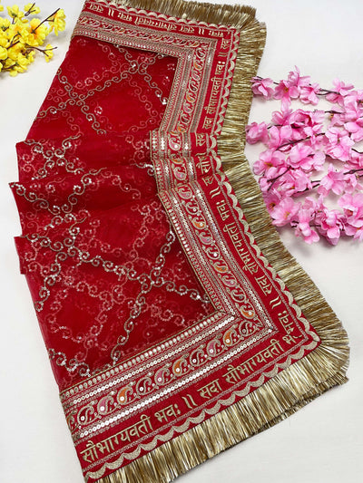 Bridal Shagun Red Embroidered Fringed Net Dupatta