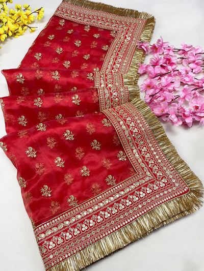 Bridal Mehar Red Embroidered Fringed Organza Dupatta