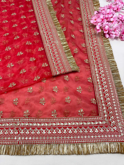 Bridal Mehar Red Embroidered Fringed Organza Dupatta
