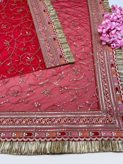 Bridal Surkhi Red Embroidered Fringed Net Dupatta