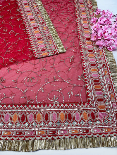 Bridal Gulmohar Red Embroidered Fringed Net Dupatta