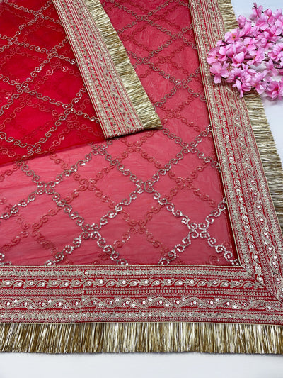 Bridal Anmol Red Embroidered Fringed Net Dupatta