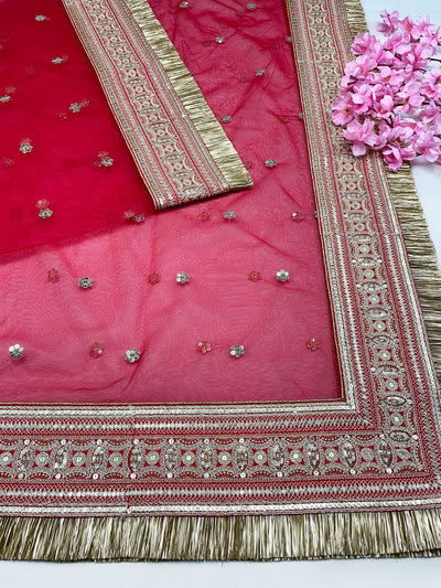 Bridal Samaira Red Embroidered Fringed Net Dupatta