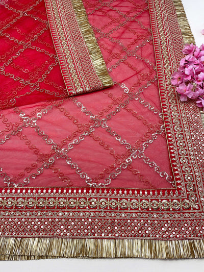 Bridal Aamira Red Embroidered Fringed Net Dupatta
