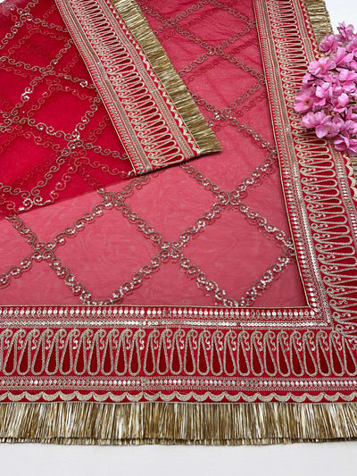 Bridal Gulzar Red Embroidered Fringed Net Dupatta