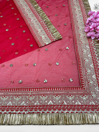 Bridal Preet Red Embroidered Fringed Net Dupatta