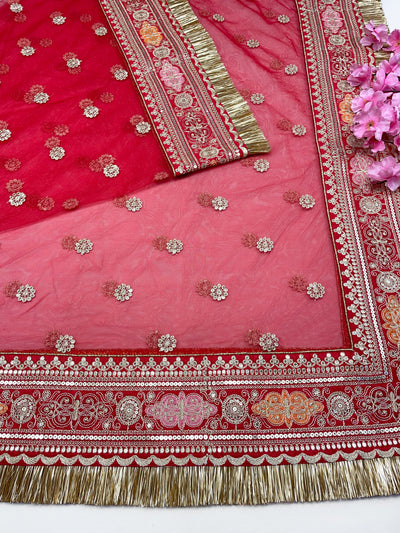 Bridal Mahira Red Embroidered Fringed Net Dupatta