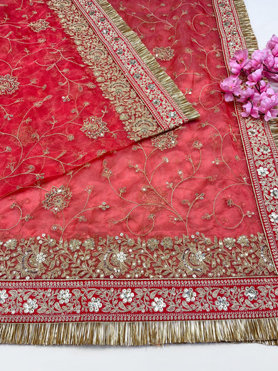 Bridal Kanak Red Embroidered Fringed Organza Dupatta