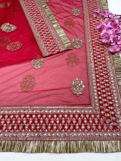 Bridal Khwab Red Embroidered Fringed Net Dupatta