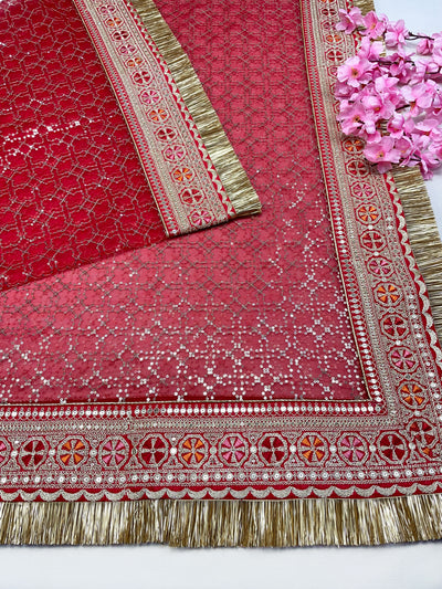 Bridal Mehek Red Embroidered Fringed Net Dupatta