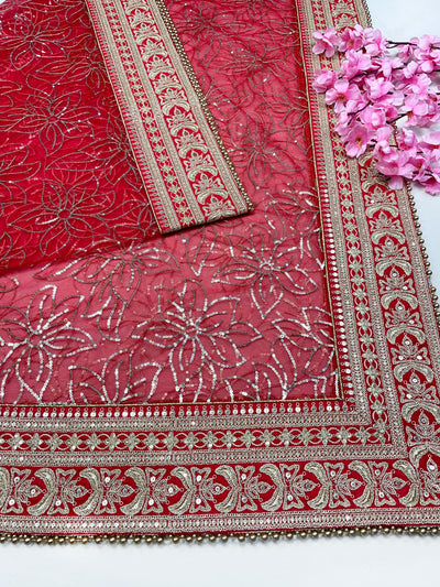 Bridal Virasat Red Embroidered Fringed Net Dupatta