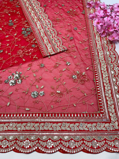 Bridal Anaya Red Embroidered Net Scallop Dupatta