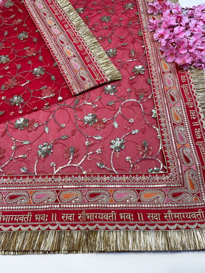 Bridal Rasam Red Embroidered Net Fringed Dupatta